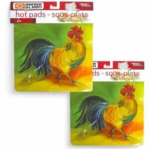 Rooster Tin Metal Hot Pads Trivets Colorful Whimsical Square 7x7 in 4 Hot Pads